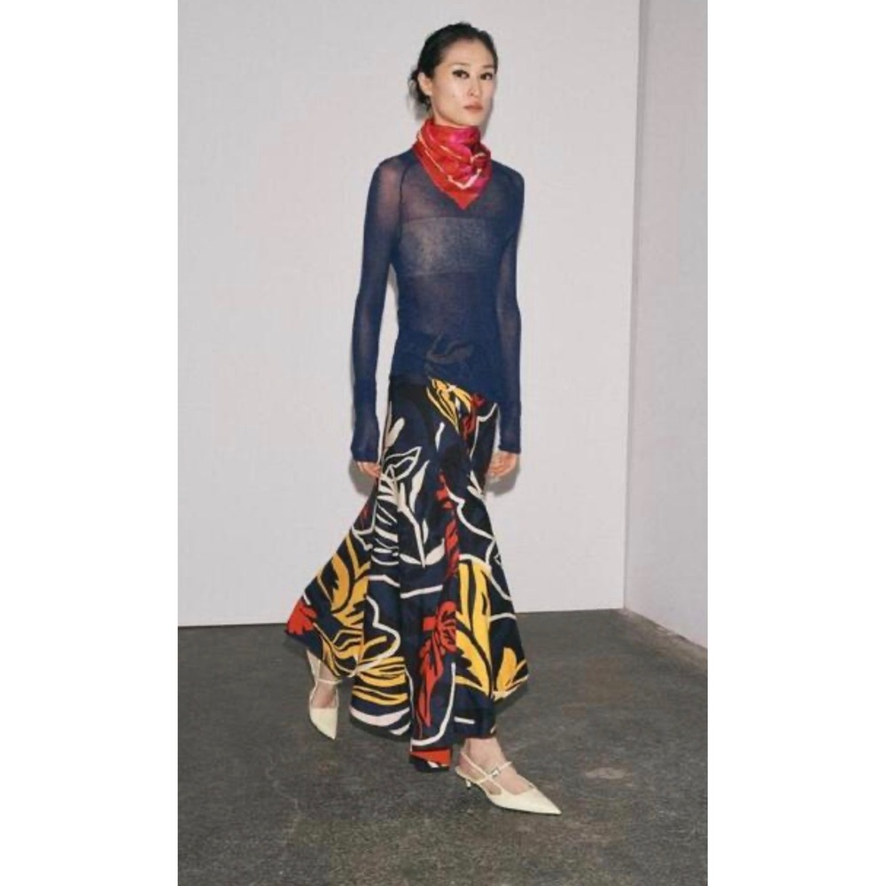 Zara Navy Floral Asymmetrical Midi Skirt High Waist Bold Print Yellow Red Cotton